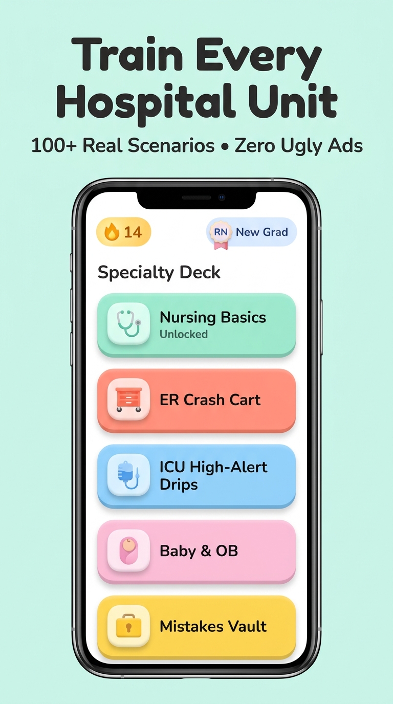 Specialty hospital unit decks including ER, ICU, OB, and Mistakes Vault